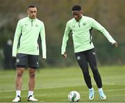 18 March 2024; Chiedozie Ogbene, right, and Adam Idah during a Republic of Ireland training session at the FAI National Training Centre in Abbotstown, Dublin. Photo by Stephen McCarthy/Sportsfile