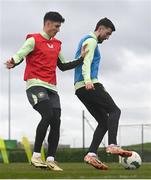 18 March 2024; Finn Azaz, right, and Callum O’Dowda during a Republic of Ireland training session at the FAI National Training Centre in Abbotstown, Dublin. Photo by Stephen McCarthy/Sportsfile