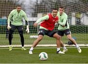 18 March 2024; Adam Idah, left, and Seamus Coleman during a Republic of Ireland training session at the FAI National Training Centre in Abbotstown, Dublin. Photo by Stephen McCarthy/Sportsfile