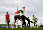 18 March 2024; Evan Ferguson, right, and Jake O'Brien during a Republic of Ireland training session at the FAI National Training Centre in Abbotstown, Dublin. Photo by Stephen McCarthy/Sportsfile