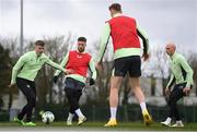 18 March 2024; Republic of Ireland players, from left, Evan Ferguson, Matt Doherty, and Will Smallbone during a Republic of Ireland training session at the FAI National Training Centre in Abbotstown, Dublin. Photo by Stephen McCarthy/Sportsfile