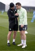 18 March 2024; Assistant coach Glenn Whelan and Seamus Coleman during a Republic of Ireland training session at the FAI National Training Centre in Abbotstown, Dublin. Photo by Stephen McCarthy/Sportsfile