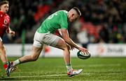 23 February 2023; Ben O’Connor of Ireland runs in his side's sixth try during the U20 Six Nations Rugby Championship match between Ireland and Wales at Virgin Media Park in Cork. Photo by Brendan Moran/Sportsfile
