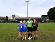 18 March 2024; Referee Aaron Clogher with Ursuline Secondary School joint-captains Paula Quirke, 5, and Danielle Ryan and St Attracta's Community School captain Ciara Brennan before the 2024 Lidl LGFA All-Ireland Post-Primary Schools Senior B Championship final match between St Attracta’s Community School of Tubbercurry, Sligo, and Ursuline Secondary School of Thurles, Tipperary, at St Aidan’s GAA club in Ballyforan, Roscommon. Photo by Piaras Ó Mídheach/Sportsfile
