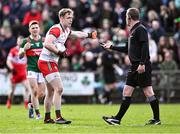 17 March 2024; Mayo goalkeeper Colm Reape remonstrates with referee Seán Lonergan during the Allianz Football League Division 1 match between Mayo and Derry at Hastings Insurance MacHale Park in Castlebar, Mayo. Photo by Piaras Ó Mídheach/Sportsfile