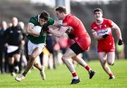 17 March 2024; Tommy Conroy of Mayo in action against Brendan Rogers of Derry during the Allianz Football League Division 1 match between Mayo and Derry at Hastings Insurance MacHale Park in Castlebar, Mayo. Photo by Piaras Ó Mídheach/Sportsfile