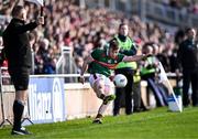 17 March 2024; Ryan O'Donoghue of Mayo takes a sideline kick during the Allianz Football League Division 1 match between Mayo and Derry at Hastings Insurance MacHale Park in Castlebar, Mayo. Photo by Piaras Ó Mídheach/Sportsfile