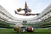 19 March 2024; Dani Ruggerio, a member of Georgia Tech Cheerleaders, at Aviva Stadium Dublin as tickets for the 2024 Aer Lingus College Football Classic between Georgia Tech and Florida State University are on sale now at www.ticketmaster.ie/collegefootball. The fixture will take place at the Aviva Stadium, Dublin, on Saturday, 24th August 2024 and limited tickets available. Photo by Stephen McCarthy/Sportsfile