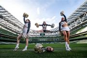 19 March 2024; Georgia Tech Cheerleaders, from left, Sam Noe, Elizabeth Schupp and Dani Ruggerio at Aviva Stadium Dublin as tickets for the 2024 Aer Lingus College Football Classic between Georgia Tech and Florida State University are on sale now at www.ticketmaster.ie/collegefootball. The fixture will take place at the Aviva Stadium, Dublin, on Saturday, 24th August 2024 and limited tickets available.  Photo by Stephen McCarthy/Sportsfile