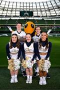 19 March 2024; Georgia Tech Cheerleaders members, from left, Martin Griffin, Calvin Tomsic, Elizabeth Schupp, Dani Ruggerio and Sam Noe at Aviva Stadium Dublin as tickets for the 2024 Aer Lingus College Football Classic between Georgia Tech and Florida State University are on sale now at www.ticketmaster.ie/collegefootball. The fixture will take place at the Aviva Stadium, Dublin, on Saturday, 24th August 2024 and limited tickets available. Photo by Stephen McCarthy/Sportsfile
