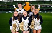 19 March 2024; Georgia Tech Cheerleaders members, from left, Martin Griffin, Calvin Tomsic, Elizabeth Schupp, Dani Ruggerio and Sam Noe at Aviva Stadium Dublin as tickets for the 2024 Aer Lingus College Football Classic between Georgia Tech and Florida State University are on sale now at www.ticketmaster.ie/collegefootball. The fixture will take place at the Aviva Stadium, Dublin, on Saturday, 24th August 2024 and limited tickets available. Photo by Stephen McCarthy/Sportsfile
