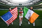 19 March 2024; Georgia Tech Cheerleaders, from left, Sam Noe, Elizabeth Schupp and Dani Ruggerio at Aviva Stadium Dublin as tickets for the 2024 Aer Lingus College Football Classic between Georgia Tech and Florida State University are on sale now at www.ticketmaster.ie/collegefootball. The fixture will take place at the Aviva Stadium, Dublin, on Saturday, 24th August 2024 and limited tickets available.  Photo by Stephen McCarthy/Sportsfile
