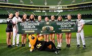 19 March 2024; Georgia Tech cheerleaders, from left, Calvin Tomsic, Dani Ruggerio, Sam Noe, Elizabeth Schupp and Martin Griffin and Twisters Elite Cheerleaders, from left, Abbie Whelan, Sophie Mullany, Ciara Pepper, Sarah Cowap, Hannah Hourican at Aviva Stadium Dublin as tickets for the 2024 Aer Lingus College Football Classic between Georgia Tech and Florida State University are on sale now at www.ticketmaster.ie/collegefootball. The fixture will take place at the Aviva Stadium, Dublin, on Saturday, 24th August 2024 and limited tickets available. Photo by Stephen McCarthy/Sportsfile