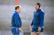 19 March 2024; Interim head coach Richie Murphy, left, in conversation with Rob Herring during Ulster Rugby squad training at the Kingspan Stadium in Belfast. Photo by Ramsey Cardy/Sportsfile