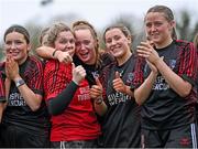 18 March 2024; St Attracta's Community School players, including Lauren Normanly, 15, celebrate after their sides victory in the 2024 Lidl LGFA All-Ireland Post-Primary Schools Senior B Championship final match between St Attracta’s Community School of Tubbercurry, Sligo, and Ursuline Secondary School of Thurles, Tipperary, at St Aidan’s GAA club in Ballyforan, Roscommon. Photo by Piaras Ó Mídheach/Sportsfile