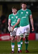 8 March 2024; Jack Murphy and Evan O'Connell of Ireland during the U20 Six Nations Rugby Championship match between England and Ireland at The Recreation Ground in Bath, England. Photo by Harry Murphy/Sportsfile