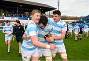 17 March 2024; Blackrock College captain Jack Angulo, centre, celebrates with team-mates Louis Magee, left, and Geoffrey Wall after their side's victory in the Bank of Ireland Leinster Schools Senior Cup final match between Blackrock College and St Michael's College at the RDS Arena in Dublin. Photo by Sam Barnes/Sportsfile