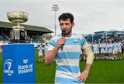 17 March 2024; Blackrock College captain Jack Angulo speaking after the Bank of Ireland Leinster Schools Senior Cup final match between Blackrock College and St Michael's College at the RDS Arena in Dublin. Photo by Sam Barnes/Sportsfile