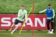 19 March 2024; Jake O'Brien and Matt Doherty, right, during a Republic of Ireland training session at the FAI National Training Centre in Abbotstown, Dublin. Photo by Stephen McCarthy/Sportsfile