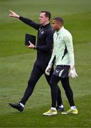 19 March 2024; Goalkeeping coach Rene Gilmartin with goalkeeper Gavin Bazunu during a Republic of Ireland training session at the FAI National Training Centre in Abbotstown, Dublin. Photo by Stephen McCarthy/Sportsfile