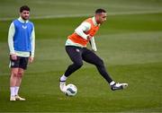 19 March 2024; Adam Idah and Robbie Brady, left, during a Republic of Ireland training session at the FAI National Training Centre in Abbotstown, Dublin. Photo by Stephen McCarthy/Sportsfile