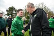 19 March 2024; Republic of Ireland technical advisor Brian Kerr meets Sean Toolan, from Waterford City, a member of the Ireland Down Syndrome Futsal squad on a visit to a Republic of Ireland training session at the FAI National Training Centre in Abbotstown, Dublin. Photo by Stephen McCarthy/Sportsfile