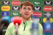 19 March 2024; Nathan Collins during a Republic of Ireland press conference at the FAI Headquarters in Abbotstown, Dublin. Photo by Stephen McCarthy/Sportsfile