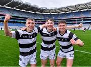 16 March 2024; St Kieran's College players, from left, Rory Glynn, James Hughes and Seán Bergin celebrate after their side's victory in the Masita GAA Hurling Post Primary Schools Croke Cup final match between St Raphael's Loughrea of Galway and St Kieran's College of Kilkenny at Croke Park in Dublin. Photo by Piaras Ó Mídheach/Sportsfile