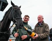 19 March 2024; Trainer Willie Mullins, right, with groom Adam Connolly and Galopin Des Champs during the homecoming of Cheltenham Gold Cup winner Galopin Des Champs at Leighlinbridge in Carlow. Photo by Tyler Miller/Sportsfile