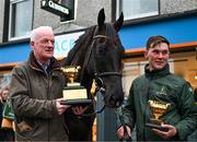 19 March 2024; Trainer Willie Mullins, left, with Galopin Des Champs and groom Adam Connolly during the homecoming of Cheltenham Gold Cup winner Galopin Des Champs at Leighlinbridge in Carlow. Photo by Tyler Miller/Sportsfile