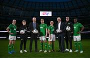 20 March 2024; Sky and the FAI today announced the extension of their Women’s Team partnership, along with a new partnership, making Sky the new Primary Partner of the Men’s National Team. Sky’s Primary Partnerships with the Women’s National Team and the Men’s National Team have been agreed until the end of 2028, meaning that Sky will be supporting both squads through four major tournament campaigns – the UEFA Women’s EURO in 2025, the 2026 FIFA World Cup, the 2027 FIFA Women’s World Cup and UEFA EURO in 2028. Pictured at the announcement are, from left, Abbie Larkin, Women's national team coach Eileen Gleeson, FAI chief executive Jonathan Hill, captain Seamus Coleman, captain Katie McCabe, Sky Ireland chief executive JD Buckley, Interim men's national team coach John O'Shea and Chiedozie Ogbene. Photo by Brendan Moran/Sportsfile