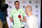 20 March 2024; Interim head coach John O'Shea is interviewed for Sky Sports during a Republic of Ireland media conference at Castleknock Hotel in Dublin. Photo by Stephen McCarthy/Sportsfile