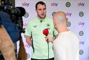 20 March 2024; Interim head coach John O'Shea is interviewed for Sky Sports during a Republic of Ireland media conference at Castleknock Hotel in Dublin. Photo by Stephen McCarthy/Sportsfile
