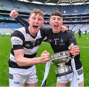 16 March 2024; St Kieran's College players Seán Hunt, left, and Stephen Manogue celebrate after their side's victory in the Masita GAA Hurling Post Primary Schools Croke Cup final match between St Raphael's Loughrea of Galway and St Kieran's College of Kilkenny at Croke Park in Dublin. Photo by Piaras Ó Mídheach/Sportsfile