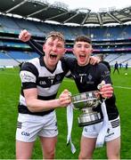 16 March 2024; St Kieran's College players Seán Hunt, left, and Stephen Manogue celebrate after their side's victory in the Masita GAA Hurling Post Primary Schools Croke Cup final match between St Raphael's Loughrea of Galway and St Kieran's College of Kilkenny at Croke Park in Dublin. Photo by Piaras Ó Mídheach/Sportsfile