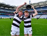 16 March 2024; St Kieran's College players Séan Hunt, left, and James O'Neill celebrate after their side's victory in the Masita GAA Hurling Post Primary Schools Croke Cup final match between St Raphael's Loughrea of Galway and St Kieran's College of Kilkenny at Croke Park in Dublin. Photo by Piaras Ó Mídheach/Sportsfile