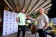 20 March 2024; Interim head coach John O'Shea is interviewed by Anton Toloui of Sky Sports during a Republic of Ireland media conference at Castleknock Hotel in Dublin. Photo by Stephen McCarthy/Sportsfile