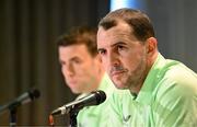 20 March 2024; Interim head coach John O'Shea and Seamus Coleman during a Republic of Ireland media conference at Castleknock Hotel in Dublin. Photo by Stephen McCarthy/Sportsfile