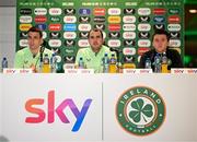20 March 2024; Interim head coach John O'Shea, centre, with Seamus Coleman and communications manager Kieran Crowley, right, during a Republic of Ireland media conference at Castleknock Hotel in Dublin. Photo by Stephen McCarthy/Sportsfile
