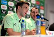 20 March 2024; Seamus Coleman and interim head coach John O'Shea during a Republic of Ireland media conference at Castleknock Hotel in Dublin. Photo by Stephen McCarthy/Sportsfile