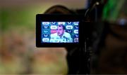20 March 2024; Interim head coach John O'Shea is seen through a broadcast camera screen during a Republic of Ireland media conference at Castleknock Hotel in Dublin. Photo by Stephen McCarthy/Sportsfile
