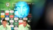 20 March 2024; Interim head coach John O'Shea is seen through a broadcast camera viewfinder during a Republic of Ireland media conference at Castleknock Hotel in Dublin. Photo by Stephen McCarthy/Sportsfile