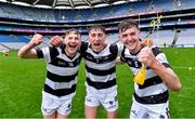 16 March 2024; St Kieran's College players, from left, Oisín Bateman, Tom McPhillips and Aaron McEvoy celebrate after their side's victory in the Masita GAA Hurling Post Primary Schools Croke Cup final match between St Raphael's Loughrea of Galway and St Kieran's College of Kilkenny at Croke Park in Dublin. Photo by Piaras Ó Mídheach/Sportsfile