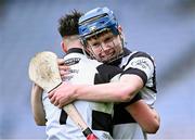 16 March 2024; St Kieran's College players James O'Neill, right, and Tom McPhillips celebrate after their side's victory in the Masita GAA Hurling Post Primary Schools Croke Cup final match between St Raphael's Loughrea of Galway and St Kieran's College of Kilkenny at Croke Park in Dublin. Photo by Piaras Ó Mídheach/Sportsfile