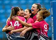 20 March 2024; Jodi Aherne of Loreto Mullingar, left, celebrates with teammates after scoring her side's first try during the Bank of Ireland Girls Senior Schools Cup final match between Loreto Wexford and Loreto Mullingar at Energia Park in Dublin. Photo by Harry Murphy/Sportsfile