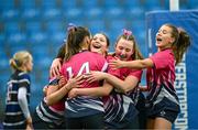 20 March 2024; Jodi Aherne of Loreto Mullingar, left, celebrates with teammates after scoring her side's first try during the Bank of Ireland Girls Senior Schools Cup final match between Loreto Wexford and Loreto Mullingar at Energia Park in Dublin. Photo by Harry Murphy/Sportsfile