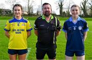 20 March 2024; Referee Seamus Mulvihill poses for a photograph with team captains Beth Hoban of Sacred Heart School and Hazel Hughes of Our Lady's Secondary School before the 2024 Lidl LGFA All-Ireland Post-Primary Schools Senior A final match between Our Lady’s Secondary School of Castleblaney, Monaghan, and Sacred Heart School of Westport, Mayo, at St Rynagh’s GAA club in Banagher, Offaly. Photo by Tyler Miller/Sportsfile