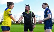 20 March 2024; Referee Seamus Mulvihill shakes hands with team captains Beth Hoban of Sacred Heart School and Hazel Hughes of Our Lady's Secondary School before the 2024 Lidl LGFA All-Ireland Post-Primary Schools Senior A final match between Our Lady’s Secondary School of Castleblaney, Monaghan, and Sacred Heart School of Westport, Mayo, at St Rynagh’s GAA club in Banagher, Offaly. Photo by Tyler Miller/Sportsfile