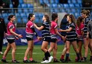 20 March 2024; Jodi Aherne of Loreto Mullingar and Robyn O'Connor of Loreto Wexford shake hands after their side's draw in the Bank of Ireland Girls Senior Schools Cup final match between Loreto Wexford and Loreto Mullingar at Energia Park in Dublin. Photo by Harry Murphy/Sportsfile