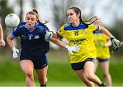 20 March 2024; Tara Renaghan of Our Lady's Secondary School in action against Christina MacEvilly of Sacred Heart School during the 2024 Lidl LGFA All-Ireland Post-Primary Schools Senior A final match between Our Lady’s Secondary School of Castleblaney, Monaghan, and Sacred Heart School of Westport, Mayo, at St Rynagh’s GAA club in Banagher, Offaly. Photo by Tyler Miller/Sportsfile